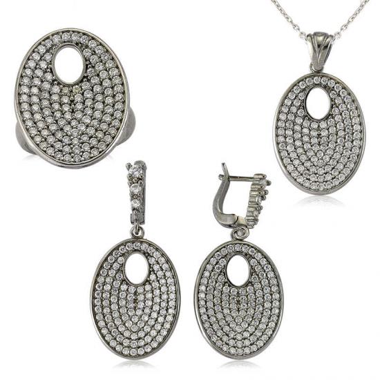 Silverlina Gümüş Beyaz Taşlı Oval Bayan Set